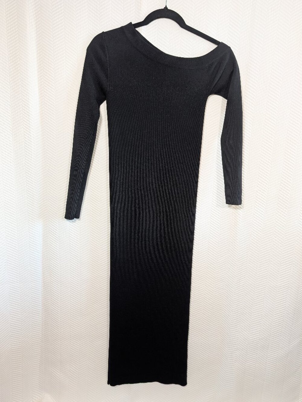 Zara Black Bodycon Maxi Dress Asymmetrical Neck Line Heavy Knit Minimalist Small